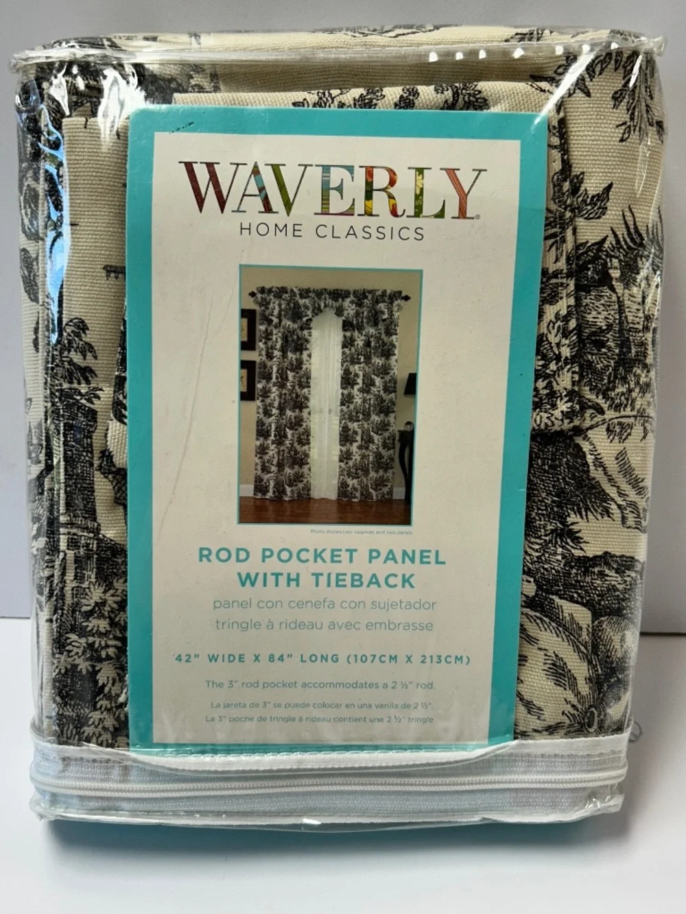 Waverly Country Life Black Toile w/Tie Back Single Curtain Panel 42